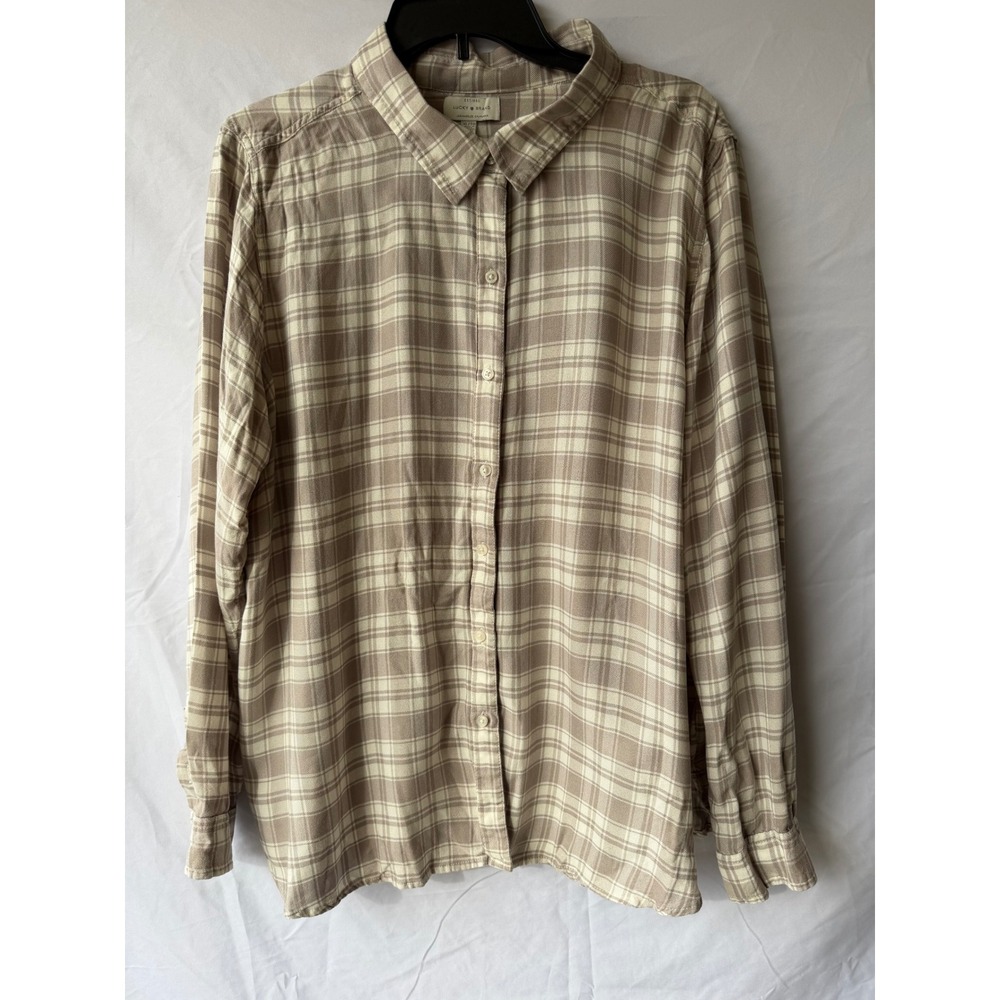 Lucky Brand Womens XL Tan Cream Plaid Button Down Long Sleeve Shirt Soft Casual